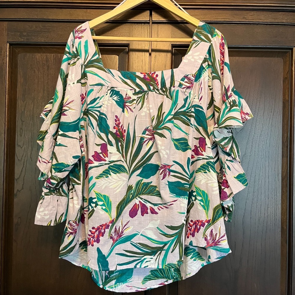 NWT Terra Sky Tropical Print Boat Neck Ruffled Sleeve Top Plus Size 1X Resort